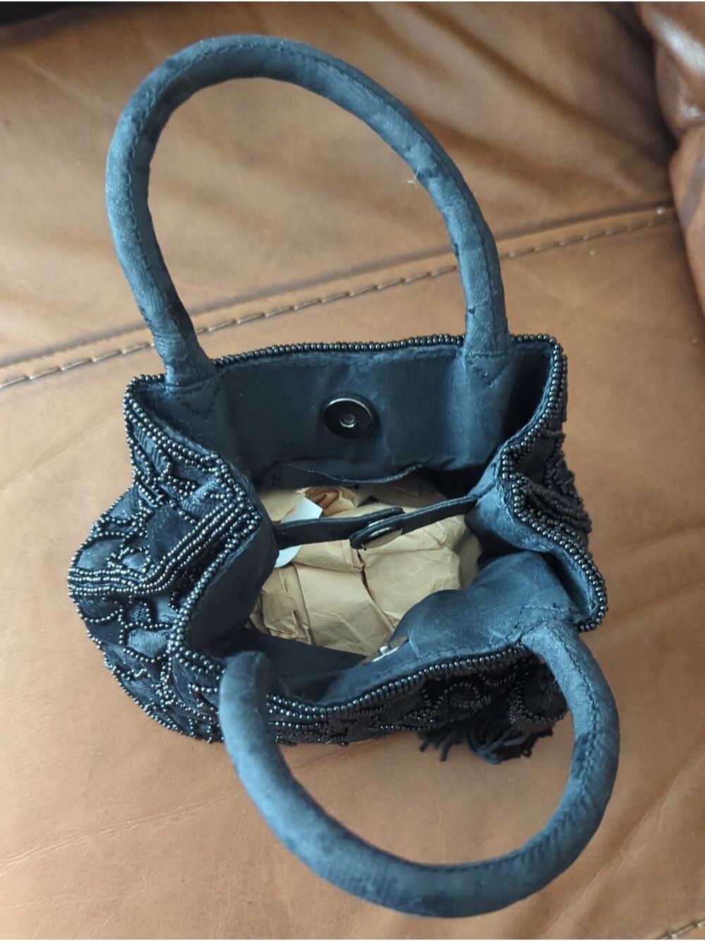 Vintage JEANNE LOTTIE Elegant Black Beaded Floral Tassel Top-Handle Bag - Picture 8 of 13
